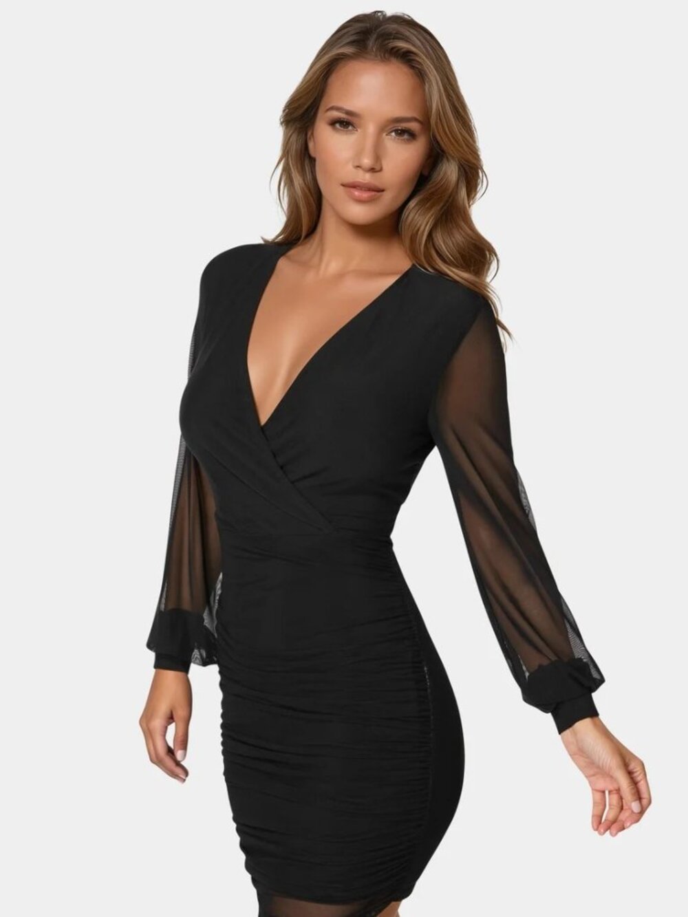 Bebe Long Sleeve Ruched Mesh Mini Dress, Black, Size: M, New with Tags